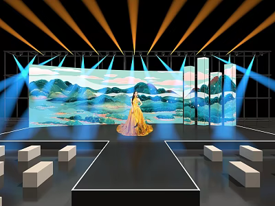 Stage Design with Colorful Lighting and Landscape Painting Backdrop Featuring Figure and White Blocks 3d model