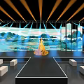 Stage Design with Colorful Lighting and Landscape Painting Backdrop Featuring Figure and White Blocks