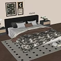 Modern Double Bed with Black Headboard Pillows Patterned Quilt Nightstands and Decorative Paintings 3d model