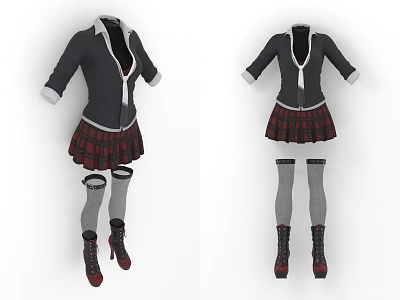 School Uniform Style Clothes With Black Top Red Black Plaid Skirt Gray Socks And Boots 3d model