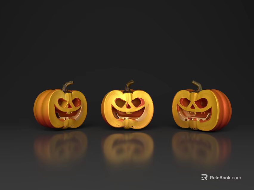 Halloween Decorative Ornament Set With Three Shiny Carved Smile Face Pumpkins 3d model 