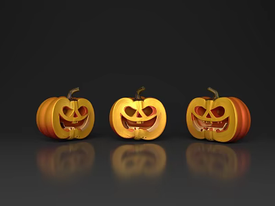 Halloween Decorative Ornament Set With Three Shiny Carved Smile Face Pumpkins 3d model