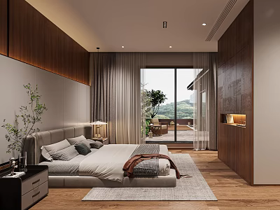 Modern Bedroom With Wooden Accents Large Bed Nightstand Table Lamp Floor-to-Ceiling Curtains Scenic Outdoor View 3d model