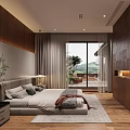 Modern Bedroom With Wooden Accents Large Bed Nightstand Table Lamp Floor-to-Ceiling Curtains Scenic Outdoor View