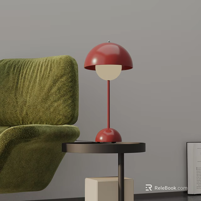 Red Table Lamp on Black Side Table by Green Sofa in Modern Living Room Design 3d model 