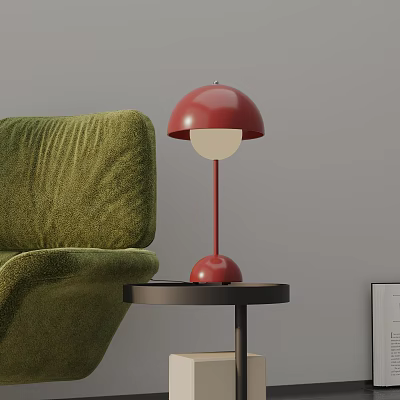 Red Table Lamp on Black Side Table by Green Sofa in Modern Living Room Design 3d model