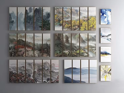 Various Multi Panel Landscape Paintings Featuring Mountains Trees And Water Wall Art 3d model