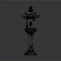Mossy Traditional Stone Lantern With Purple Light Pagoda Style Roof And Stone Base