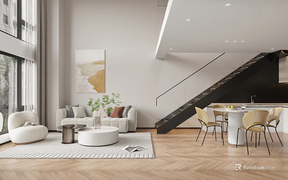 Modern Apartment Interior Featuring Living Room Staircase Sofa And Decorative Painting 3d model 