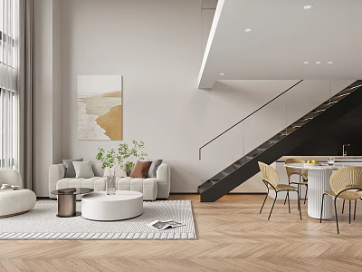 Modern Apartment Interior Featuring Living Room Staircase Sofa And Decorative Painting 3d model
