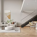 Modern Apartment Interior Featuring Living Room Staircase Sofa And Decorative Painting