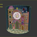 Decorative Miniature Building Model With Blue Frame White Clock Red Hands Green Roof And Orange Tower