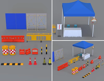 Modern roadblock traffic road administration isolation material deceleration belt cone barrel traffic crash barrier fencing registration tent 3d model