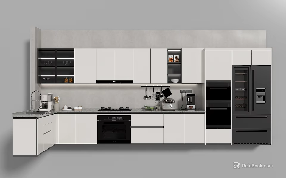 Modern Kitchen Interior With White Cabinets Black Appliances Countertop And Hanging Cooking Tools 3d model 