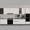 Modern Kitchen Interior With White Cabinets Black Appliances Countertop And Hanging Cooking Tools