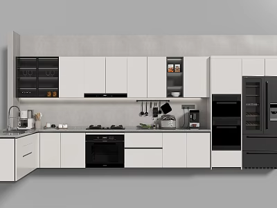 Modern Kitchen Interior With White Cabinets Black Appliances Countertop And Hanging Cooking Tools 3d model