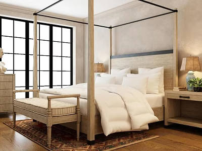 Elegant Four Poster Double Bed With White Bedding Black Framed Window Wooden Floor And Rug 3d model