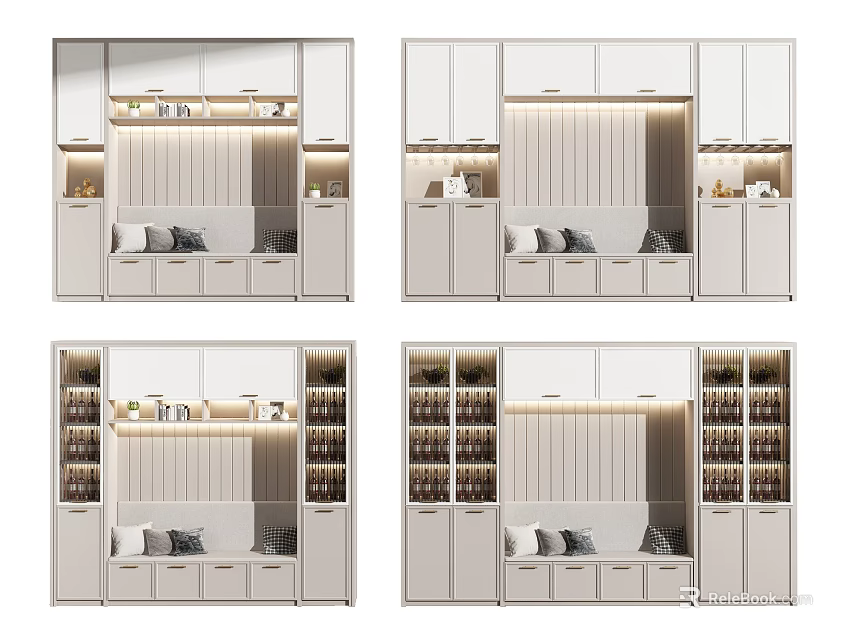 Modern Wine Cabinet Design With Multiple Racks Built In Lighting And Seating Bench 3d model