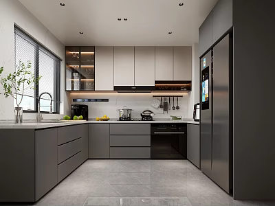 Modern Kitchen Interior Design With Gray Cabinets Stainless Steel Refrigerator And Countertop 3d model