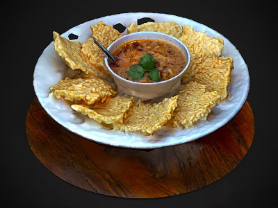 Crispy Chips Arranged Around Bowl Of Savory Dip With Fresh Coriander On Wooden Serving Tray 3d model