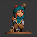 Red Horned Girl With Blue Turban Skull Decoration Holding Little Bird On Wooden Base