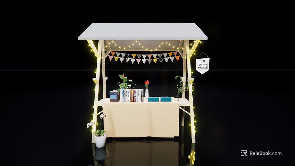 Outdoor Market Stall With White Canopy String Lights Books Flowers And Hanging Sign 3d model 