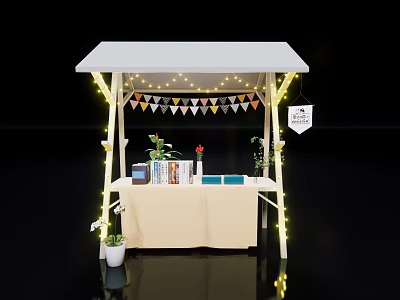 Outdoor Market Stall With White Canopy String Lights Books Flowers And Hanging Sign 3d model
