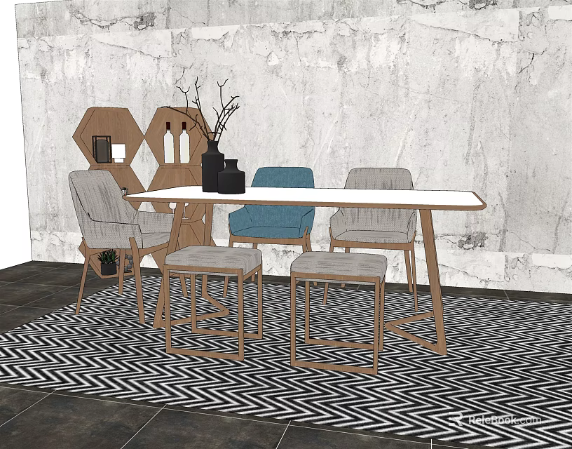 Light Wooden Dining Table Set With Blue Chair White Stools And Textured Wall Decoration 3d model 