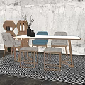 Light Wooden Dining Table Set With Blue Chair White Stools And Textured Wall Decoration
