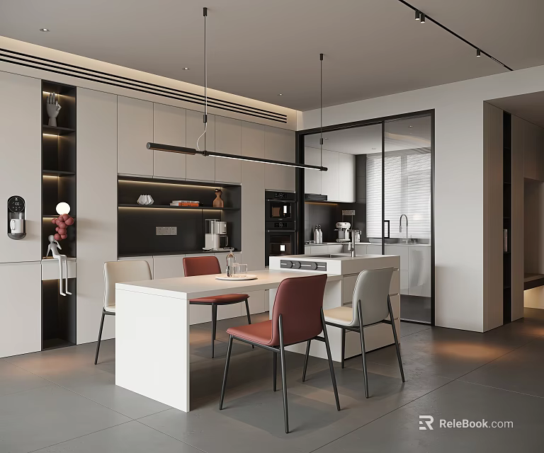 Modern Restaurant Interior Design With Open Kitchen White Island Chairs Cabinets And Pendant Lights 3d model 