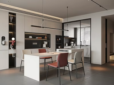 Modern Restaurant Interior Design With Open Kitchen White Island Chairs Cabinets And Pendant Lights 3d model