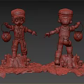 Cartoon Character Figurine In Hat Overalls Holding Lantern On Tree Stump With Mushrooms Front Back View