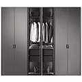 Modern Gray Wardrobe Interior With Glass Doors Hanging Clothes And Storage Drawers