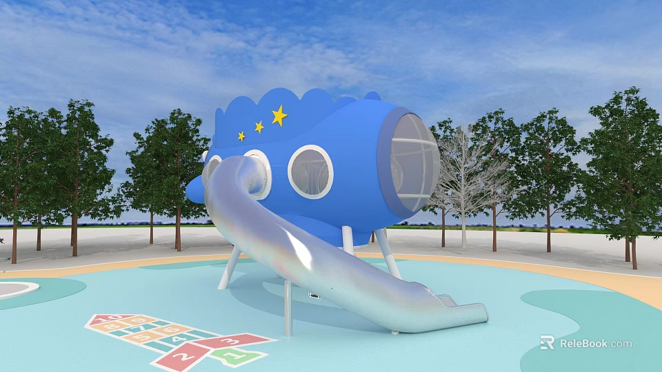 Outdoor Playground Equipment With Blue Airplane Shaped Slide 3d model 