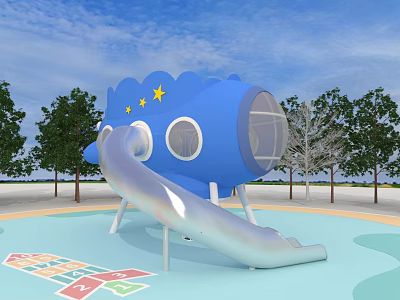 Outdoor Playground Equipment With Blue Airplane Shaped Slide 3d model