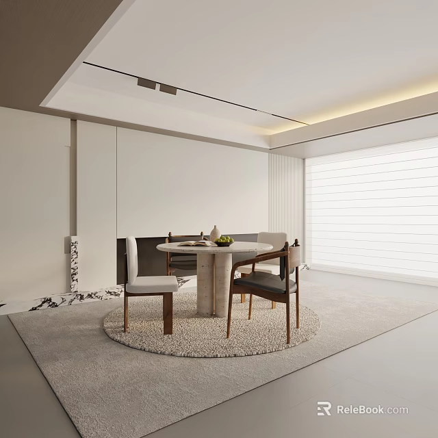 Modern Dining Area Featuring Round Dining Table Four Chairs And Circular Rug With Large Window 3d model