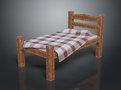 Simple Single Bed With Wooden Frame And Brown Plaid Bedspread Design 3d model