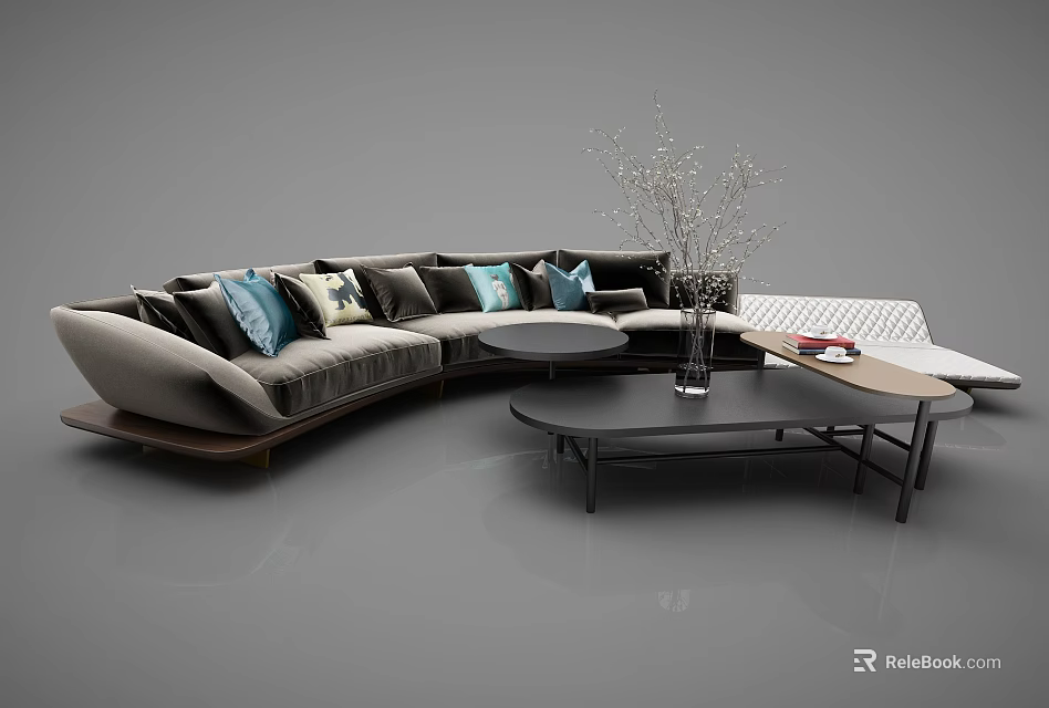 Modern Sectional Sofa With Blue Beige Cushions Coffee Table And Decorative Vase With Branches 3d model