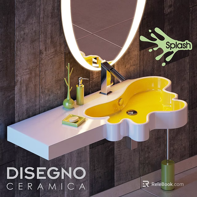 Modern Daily Washing Supplies Scene with Yellow Sink White Countertop Green Bottles and Mirror 3d model 