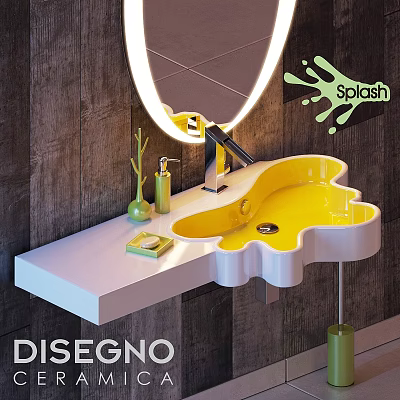 Modern Daily Washing Supplies Scene with Yellow Sink White Countertop Green Bottles and Mirror 3d model