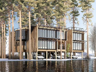 Wooden Forest Homestay Over Water With Large Glass Windows Surrounded By Trees And Parking Area 3d model