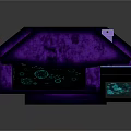 Gaming Computer Desk With Purple LED Lighting Laptop Digital Graphics And Speakers On Shelves