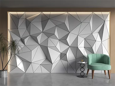 Geometric Patterned White And Grey Accent Wall With Green Armchair Potted Plant And Side Table 3d model