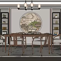 Chinese Style Restaurant Interior With Circular Landscape Painting Dining Table And Display Cabinets