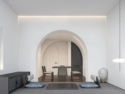 White Themed Restaurant With Arched Doorway Dining Table Chairs Floor Carpet Cabinet And Soft Lighting 3d model