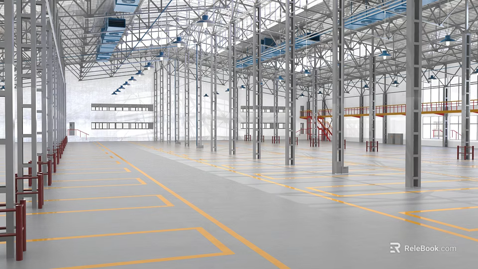 Industrial Workshop Interior With Steel Frame Metal Columns And Yellow Floor Lines 3d model 