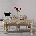 Elegant Classic Dining Table Set With Upholstered Chairs Carved Legs And Red Flower Vase
