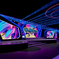 Neon Lit Corridor With Glowing Line Frames Colorful Walls And People Walking