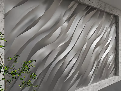 Modern Luxury Accent Wall with Silver Gray Wave Texture and Concrete Frame Green Plants Accent 3d model