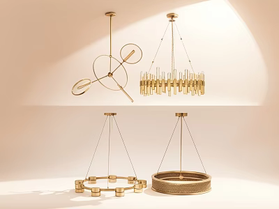 Stylish Modern Gold Chandeliers With Geometric Cylindrical And Circular Hanging Designs 3d model